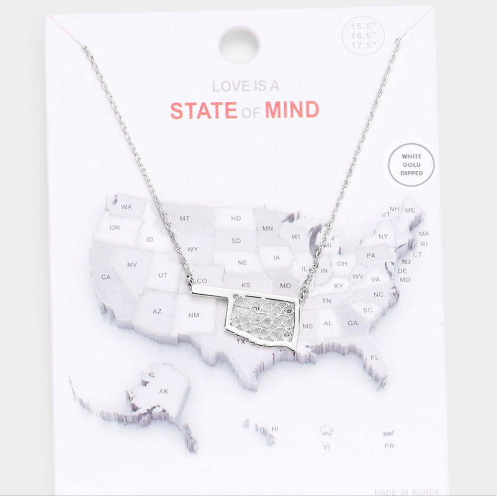 Silver Dipped OKLAHOMA Map State Pendant Necklace